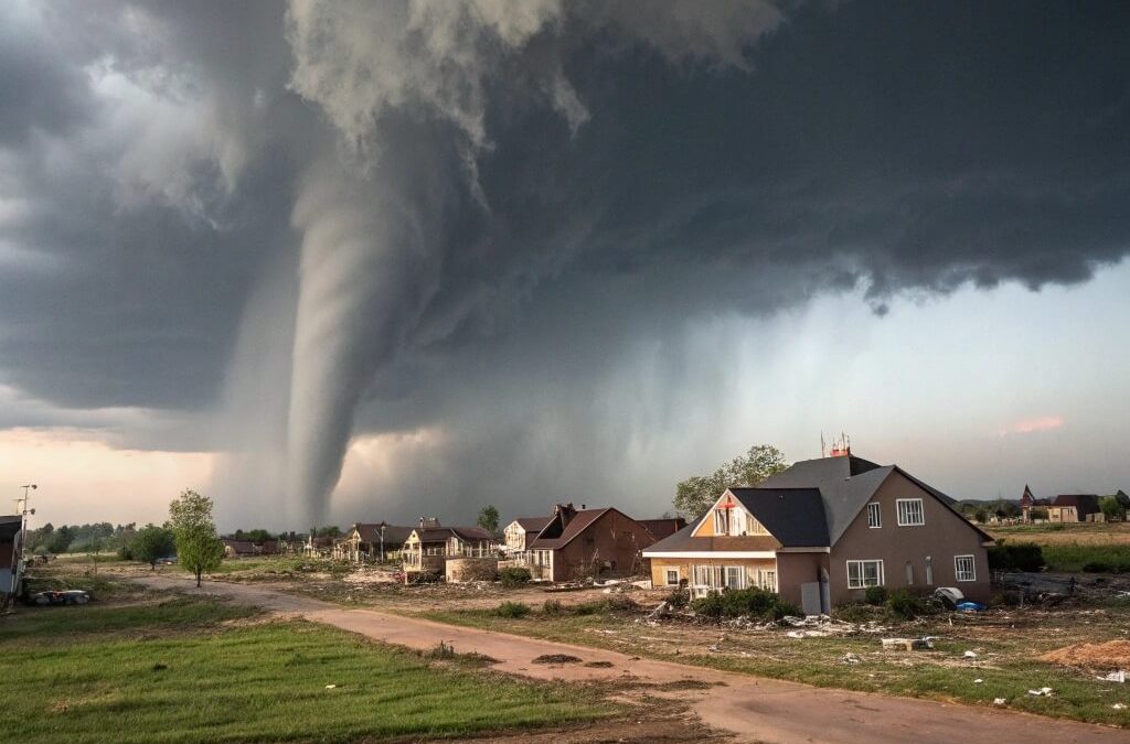 Large tornado funnel cloud touching down, illustrating severe wind storm damage potential for insurance claims