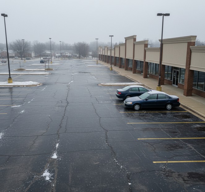 Black ice formation on commercial parking lot at 06:45 local time — surface temperature 31°F, thin glaze ice layer covering asphalt with rock salt treatment visible, overhead drone documentation angle