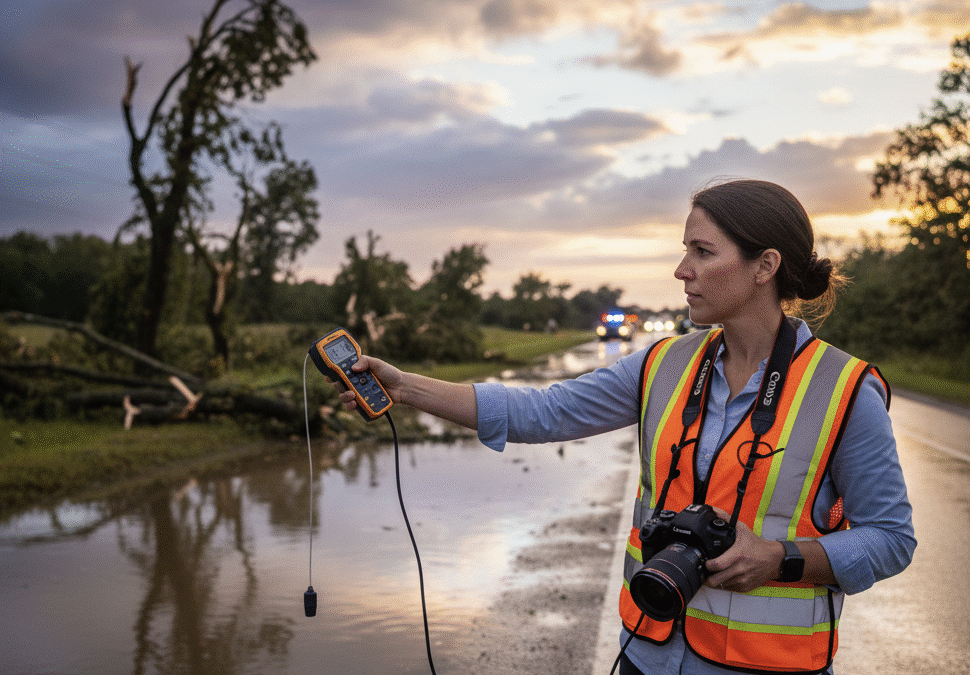 FORENSIC METEOROLOGIST INVESTIGATING STORM DAMAGE
