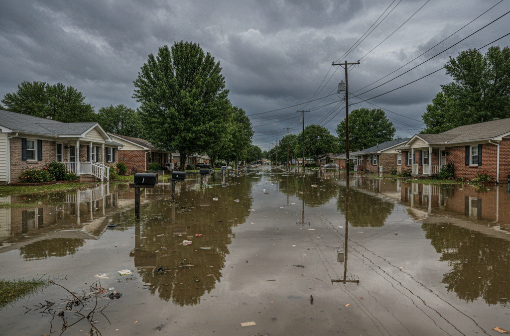 Severe flooding in a suburban neighborhood with brown floodwater covering streets and lawns, rising two feet high against house walls and submerging mailboxes and front porches under an overcast sky