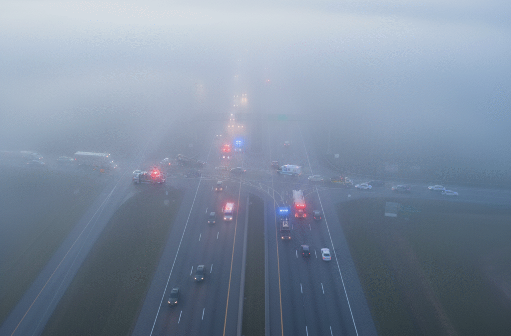 Dense fog reducing highway visibility to 200 feet during multi-vehicle accident reconstruction with emergency vehicles and forensic meteorology expert witness documentation in progress
