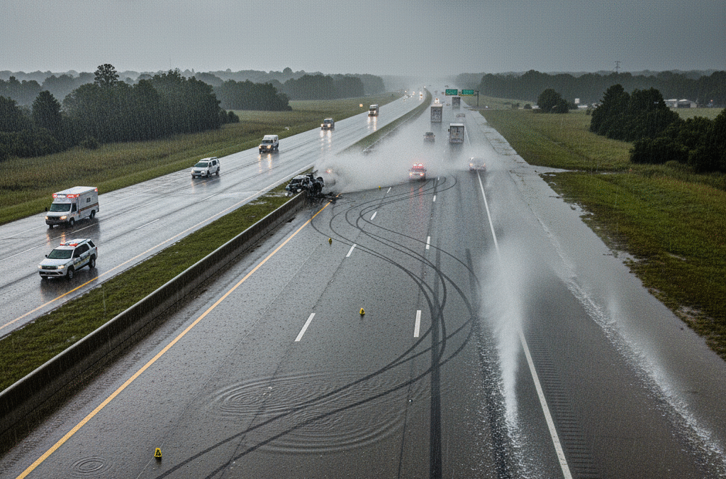 Forensic meteorologist accident reconstruction scene showing hydroplaning multi-vehicle collision on rain-soaked interstate highway with standing water and emergency response vehicles