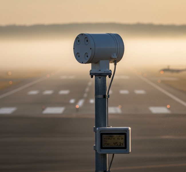 "ASOS automated weather station visibility sensor equipment used by forensic meteorologists to measure fog density and visibility conditions for accident reconstruction and expert witness testimony"