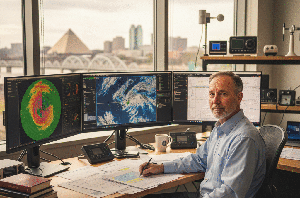 Certified forensic meteorologist analyzing historical weather data on multiple computer monitors displaying Doppler radar imagery and satellite maps for legal case analysis in professional office setting
