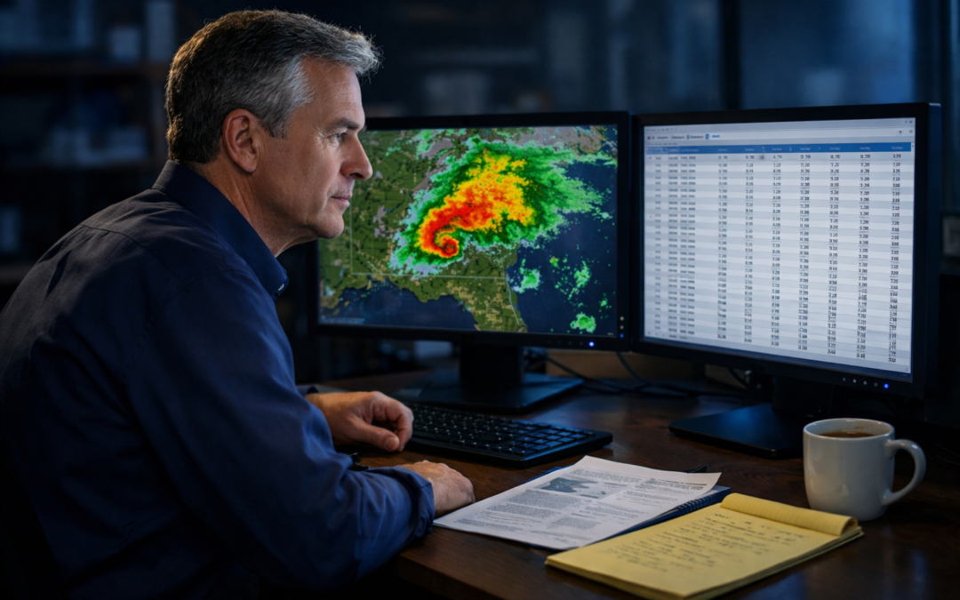 Forensic meteorologist reviewing NEXRAD Doppler radar data and ASOS wind speed records on dual monitors to reconstruct weather conditions for a business insurance claim