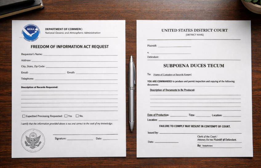 FOIA request form and subpoena duces tecum side-by-side comparison for obtaining certified NOAA weather data in legal cases