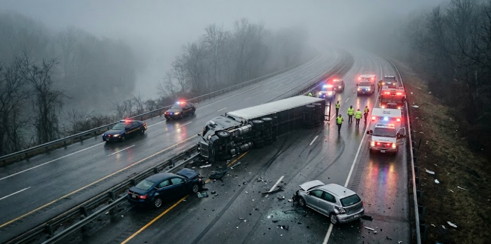 Multi-vehicle pile-up and overturned semi-truck blocking a major interstate during a snowy day. Emergency responders on-site, traffic is stopped.