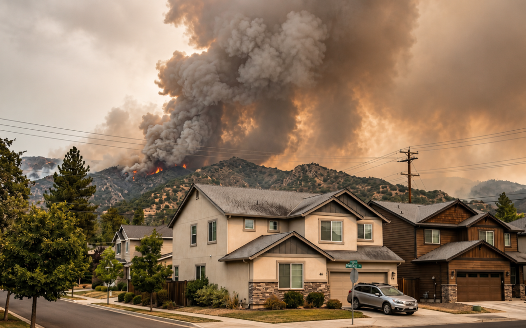 wildfire smoke damage litigation scene with suburban homes under smoke from nearby wildfire