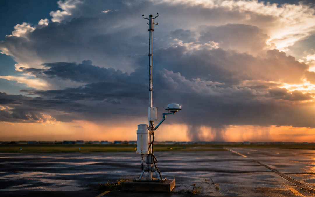 NOAA ASOS ultrasonic wind sensor on airport tarmac mast with approaching cumulonimbus storm -- forensic weather observation for litigation