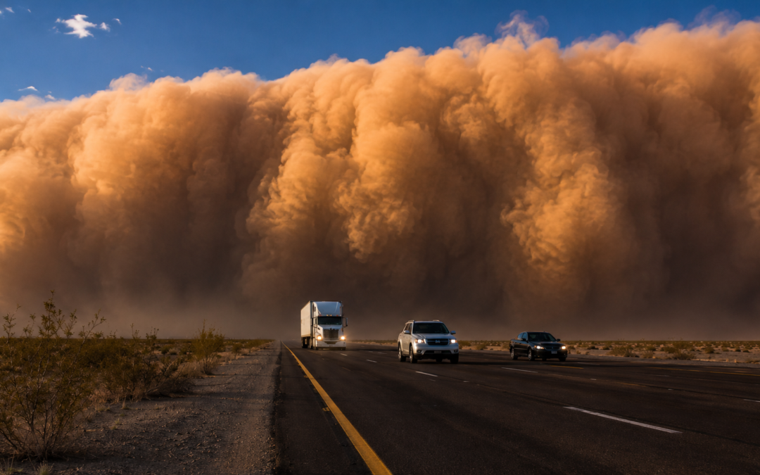 Haboob dust storm wall reducing highway visibility as vehicles approach — a dust storm meteorologist expert witness can reconstruct these conditions from weather records